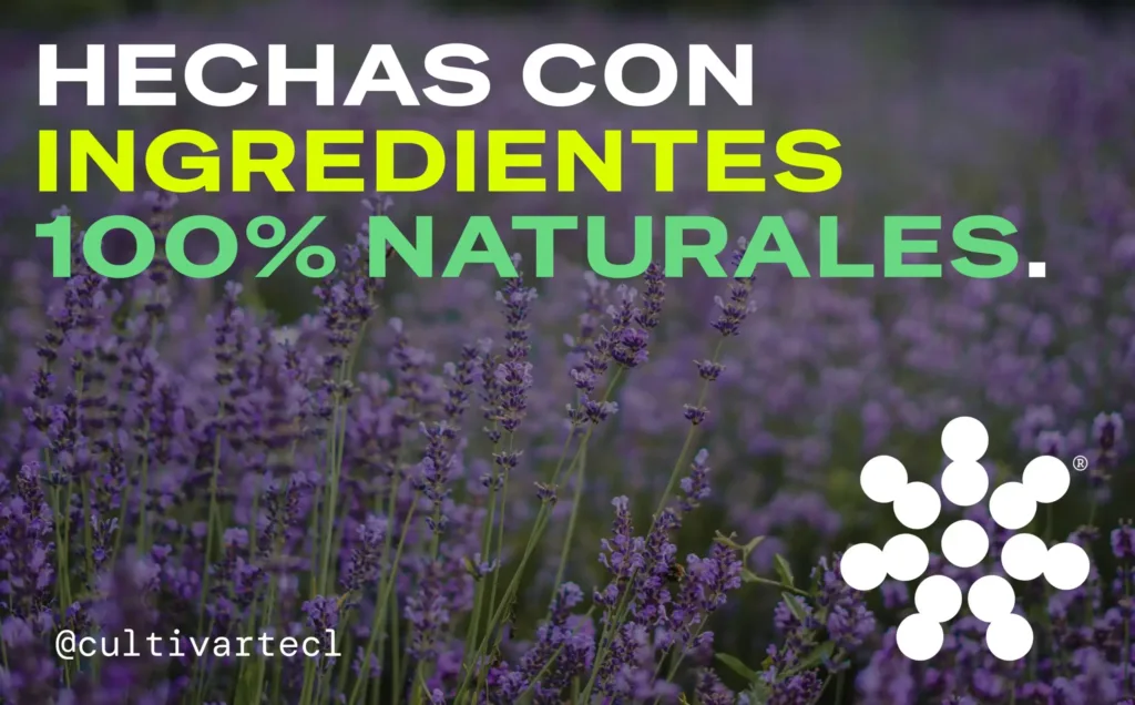 Banner Cultivarte se lee texto "Hechas con Ingredientes 100% Naturales" con el logo miniatura abajo a la derecha y fondo de campo de lavandas