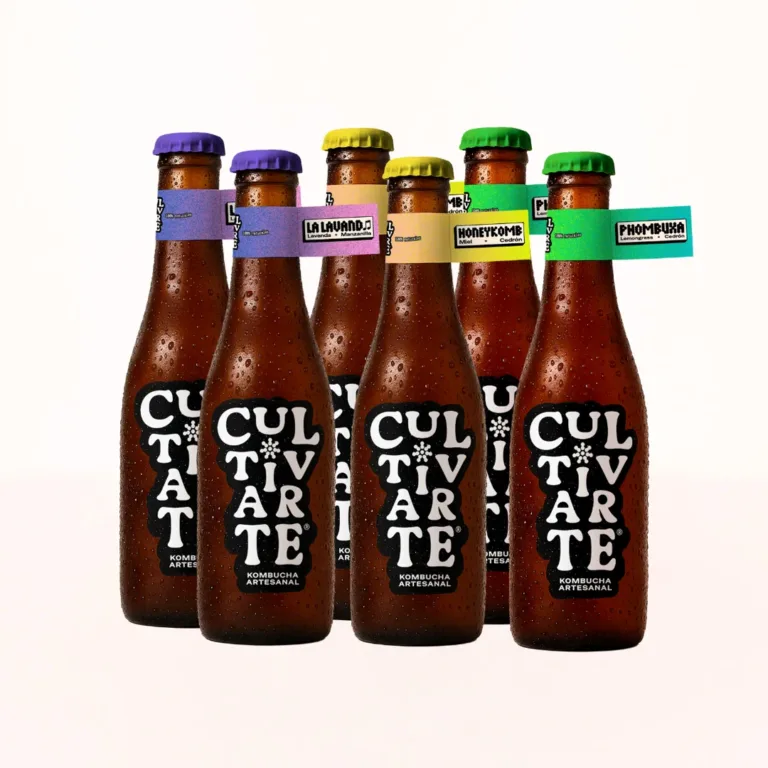 Foto de six pack de kombuchas cultivarte sabor hierbas lalavand phombucha y honeykomb