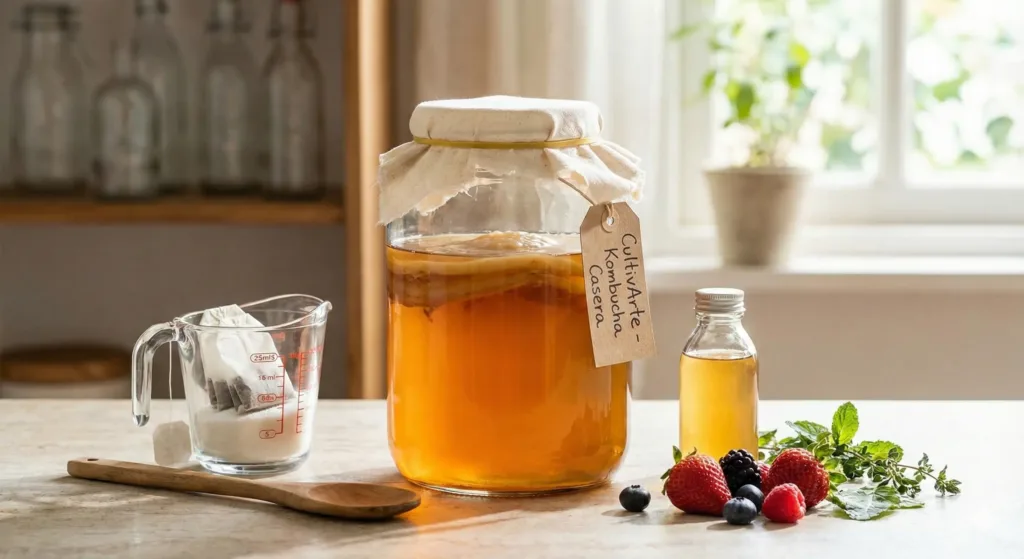 Imagen con ingredientes para la elaboracion de kombucha casera por Cultivarte