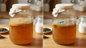 Comparativa visual entre un cultivo de kombucha saludable y uno contaminado. A la izquierda, el disco de levaduras y bacterias tiene un aspecto liso y uniforme; a la derecha, se observa el crecimiento de moho peligroso, identificable por su textura vellosa y color verdoso.