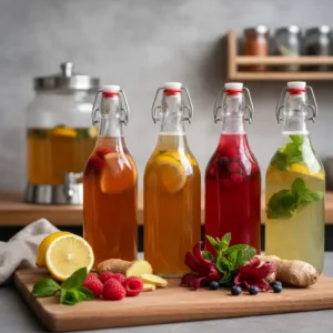 Cuatro botellas de vidrio con cierre hermético llenas de kombucha de distintos sabores y colores, dispuestas sobre una tabla de madera. En primer plano se aprecian ingredientes frescos como frambuesas, jengibre, limón, menta y flores de hibisco. Al fondo, un frasco grande de fermentación.