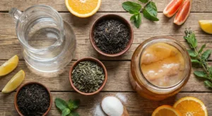 Una fotografía cenital muestra los ingredientes para hacer kombucha sobre una mesa de madera rústica. En el centro hay un frasco de vidrio con una bebida fermentada y un SCOBY flotando. Alrededor se disponen una jarra con agua, tres cuencos con té negro y verde suelto, una cuchara con azúcar blanca, y rodajas de naranja, pomelo y limón, junto con hojas de menta.