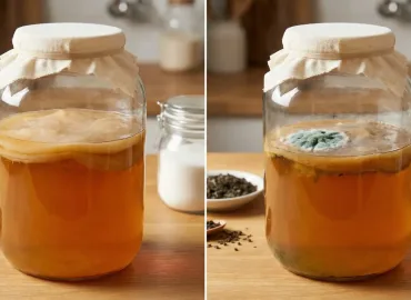 Comparativa visual entre un cultivo de kombucha saludable y uno contaminado. A la izquierda, el disco de levaduras y bacterias tiene un aspecto liso y uniforme; a la derecha, se observa el crecimiento de moho peligroso, identificable por su textura vellosa y color verdoso.