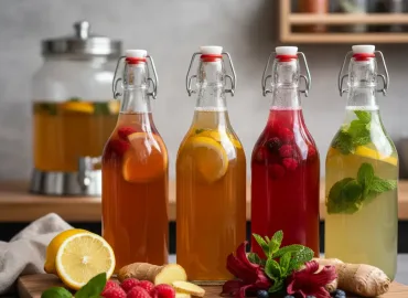 Cuatro botellas de vidrio con cierre hermético llenas de kombucha de distintos sabores y colores, dispuestas sobre una tabla de madera. En primer plano se aprecian ingredientes frescos como frambuesas, jengibre, limón, menta y flores de hibisco. Al fondo, un frasco grande de fermentación.
